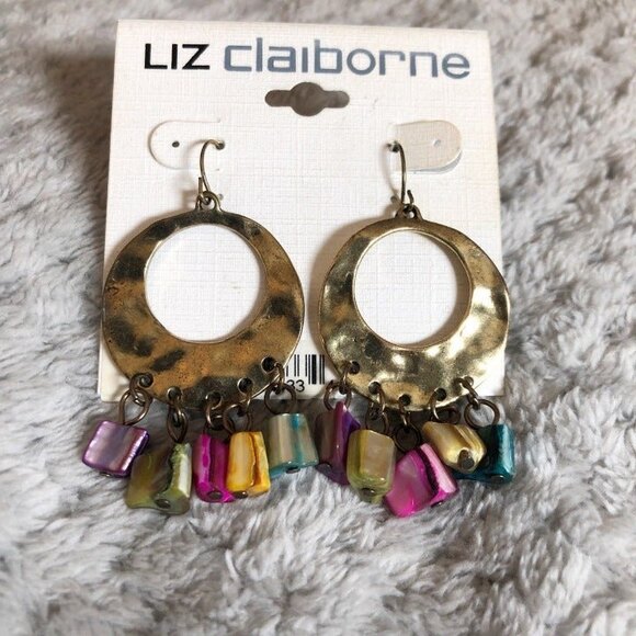 Liz Claiborne Chip Stone Hoop Pierced Dangle Earrings NOC - Picture 5 of 8